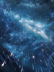 Fototapeta premium Celestial cascade, meteor shower over a rocky landscape at night