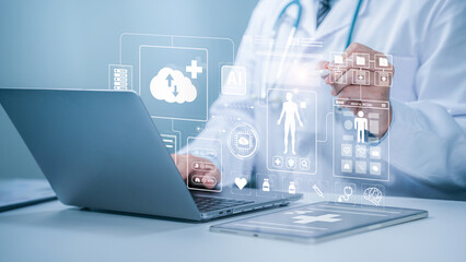 Medical Health Cloud data Concept. A doctor analyzing with a tablet and laptop, accessing medical cloud data via holographic interfaces displaying patient information, AI and medical technology.