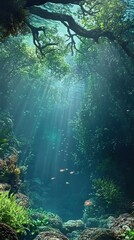 Fototapeta premium Sunbeams Illuminate Underwater Eden: A Serene Aquatic Scene