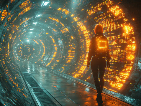 Woman from the future exploring a hyper technological biomechanical city, futuristic city with towers lit by bright yellow neon lights. Cyberpunk aesthetics and surreal atmosphere
