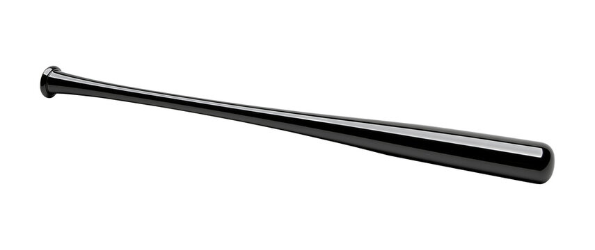 A detailed close-up of a classic black baseball bat is showcased against a white or transparent background