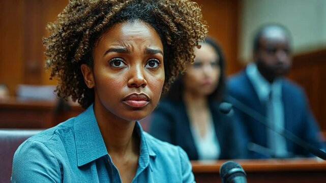 Justice on Trial: A close-up shot of an african american woman in a courtroom, her expression reflecting concern. The scene is filled with the solemnity of legal proceedings.