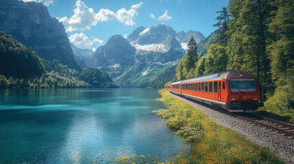 scenic train travels along lake surrounded by mountains