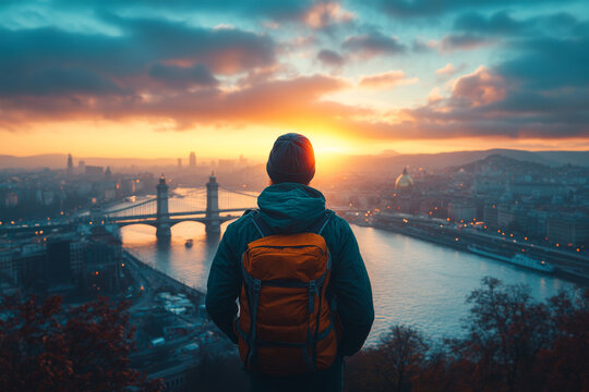 person gazing at sunset over cityscape - Powered by Adobe