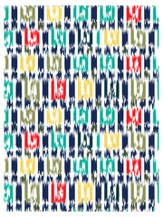Abstract pattern with jagged, colorful stripes in red, yellow, green, and blue on a white background.
