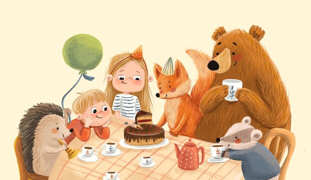 Festive background with kids and animals celebrating birthday