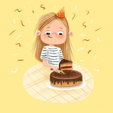 Festive background with children cutting a cake