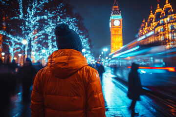 Obraz premium person in orange jacket stands near Big Ben at night