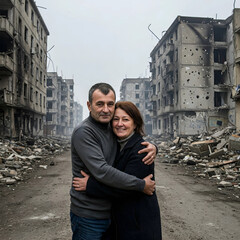 a coupled standing in the war-torn buildings