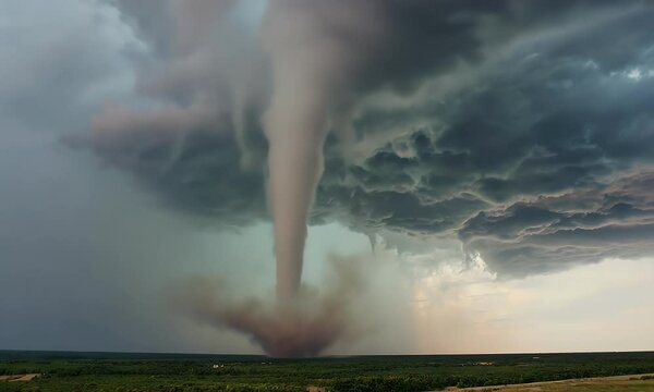 destructive twister spins rapidly across vast farmland, pulling objects into its powerful vortex while ominous storm clouds loom overhead