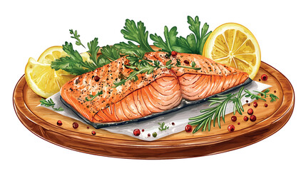 Grilled salmon with lemon and herbs on a wooden plate