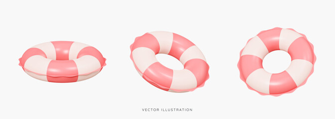 3D Inflatable swimming ring in pink icon set. Rubber pool toy. Swim lifesaver. Summer time objects. Travel and vacation. Cartoon design icons isolated on white. 3D Vector illustration