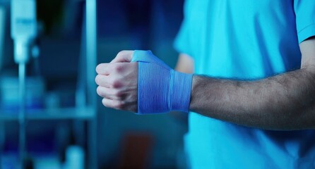 Medical Professional with Bandaged Hand in Hospital Environment