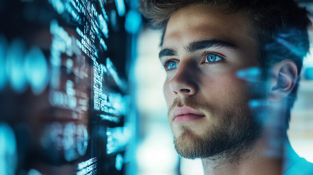 Young programmer man studying digital code lines screen web data male blue light cyber coding future