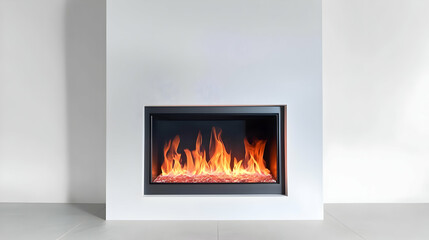 Modern Electric Fireplace with Glowing Orange Flames in a White Living Room Design