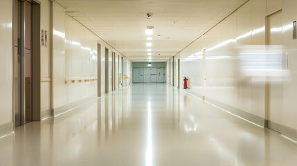 Long White Hospital Corridor Perspective View with Smooth Reflective Floor Bright Lighting and Closed Doors