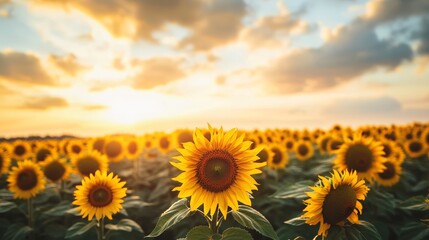 Fototapeta premium Agricultural field with yellow sunflowers against the sky with clouds.Sunflower field.Gold sunset. Sunflower closeup.Agrarian industry. Photo of cultivation land.flowers image