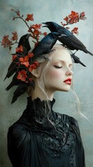 Gothic Woman with Crows and Red Flowers