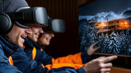 People experiencing virtual reality and interacting with a display screen
