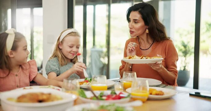 Happy family, eating or dishing with food at dinner table for healthy lunch, chicken or diet at home. Mom, dad or children passing with plate for serving, meal or thanks giving together at house