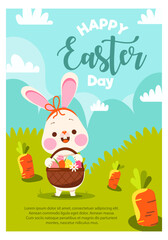 Easter day flyer template. A festive poster with a rabbit holding a basket of eggs standing on a lawn.
