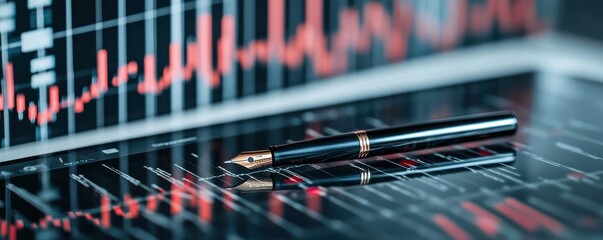 Elegant pen resting on financial reports with graph lines and data analysis background.