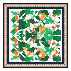 An abstract design print  pattern overlapping green and orange geometric shapes on a light background, framed by a decorative border, It could be used as a wallpaper, fabric design, scarf, pillow