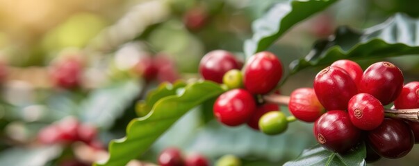 Obraz premium Coffee cherries on green leaves in a natural setting.