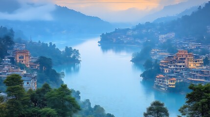 Fototapeta premium Misty Mountain Village beside Serene Blue Water