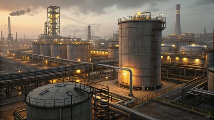 Obraz premium Industrial landscape with storage tanks and pipelines