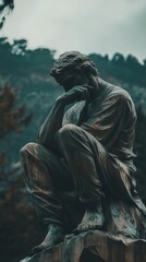Fototapeta premium Pensive Bronze Statue: Contemplation in Nature