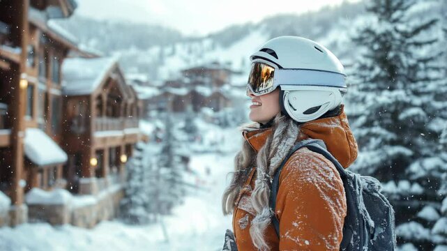 Beautiful young woman dressed in ski gear, in a picturesque ski resort.