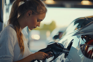Young woman filling up her modern luxury car with fuel gas pump girl road adult power petrol energy