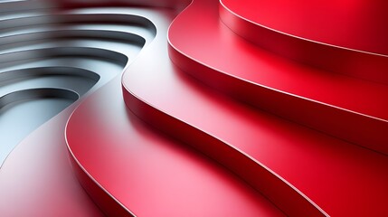 A red staircase with a red curtain in the background
