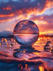 Sunset Reflection, A Lensball Captures the Golden Hour's Tranquil Majesty