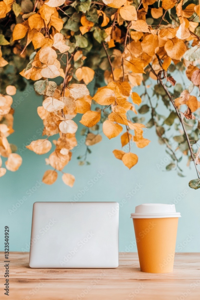 Poster autumn productivity aesthetic minimalist workspace with golden foliage - serene digital nomad compos