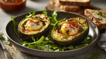 Baked Eggs in Halved Avocado on a Plate with Greens and Toast in a Bright Kitchen Setting