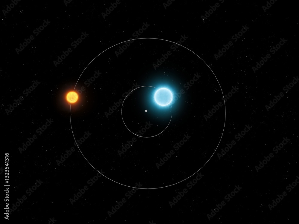 Wall mural stars orbiting a common center of mass. a binary star system consisting of a blue giant and a sun-li