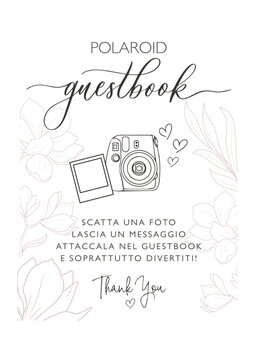 Polaroid guestbook. Immagine con polaroid da utilizzare al proprio matrimonio o festa di compleanno per invitare gli ospiti lasciare una foto ricordo nel libro degli ospiti. 