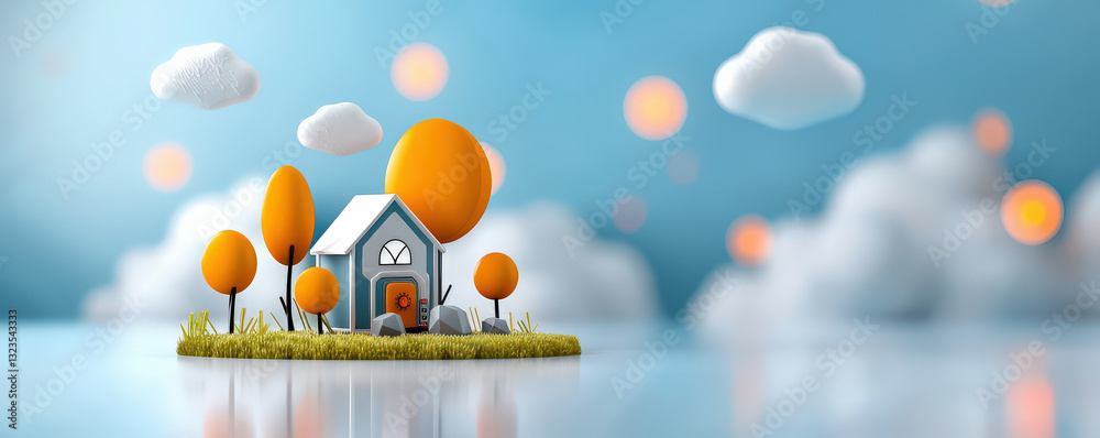 Aufkleber small house with orange trees and fluffy clouds creates whimsical scene on reflective surface, evoki