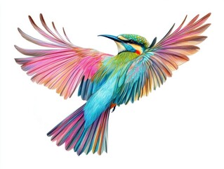 Fototapeta premium Rainbow Colored Bird in Flight, Detailed Feathers, White Background