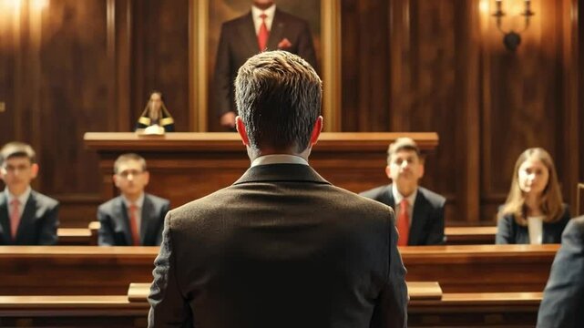 A Moment of Judgment: A courtroom scene captures a moment of intense legal proceedings. The perspective focuses on the back of the lawyer in foreground, creating a sense of anticipation and suspense.
