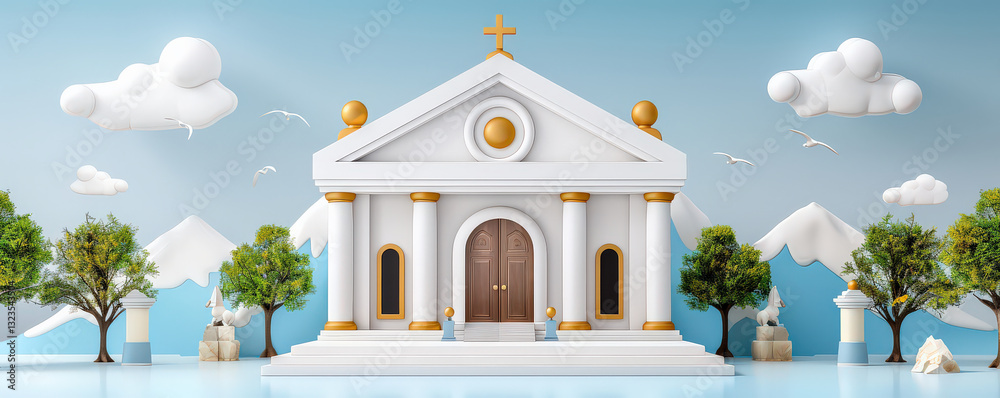 Aufkleber serene 3D render of ancient architectural building with cross, surrounded by trees and mountains under blue sky with clouds and birds