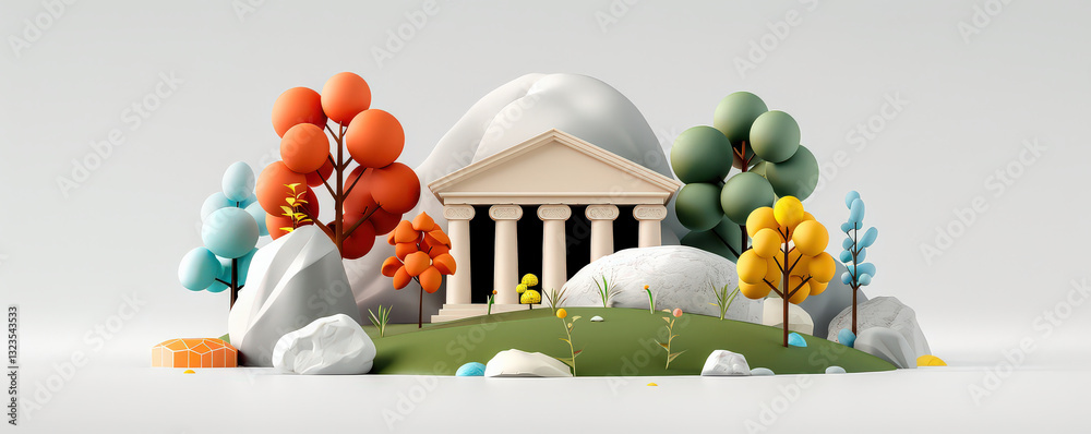 Poster 3D render of ancient architecture surrounded by colorful trees and rocks, showcasing minimal and flat design style. scene includes classical building with columns, set against serene landscape