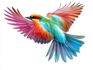 Fototapeta premium Rainbow Colored Bird in Flight Against White Background