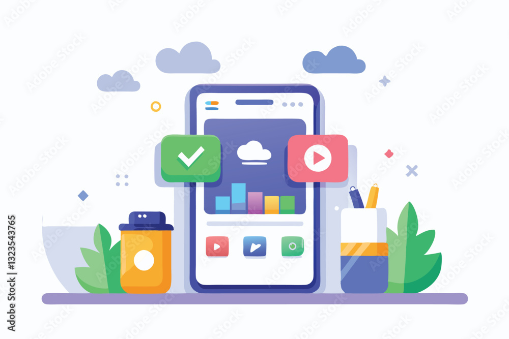 Poster colorful vector illustration of a smartphone displaying an app interface with decorative plants and 