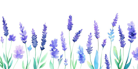 Naklejka premium Lavender Field in Watercolor: A delicate watercolor depiction of a lavender field in full bloom, capturing the vibrant purple hues and serene atmosphere of the provence. 