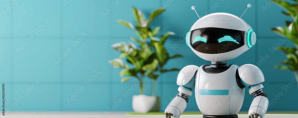 Poster friendly robot with sleek design stands in modern room with plants, showcasing advanced technology a