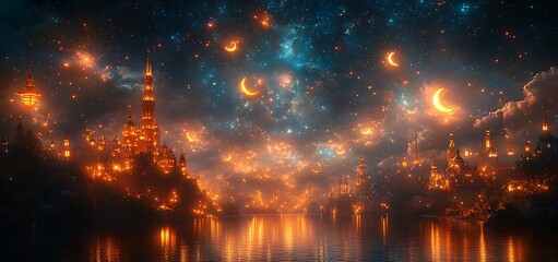 Obraz premium Mystical Cityscape with Glowing Towers and Starry Sky