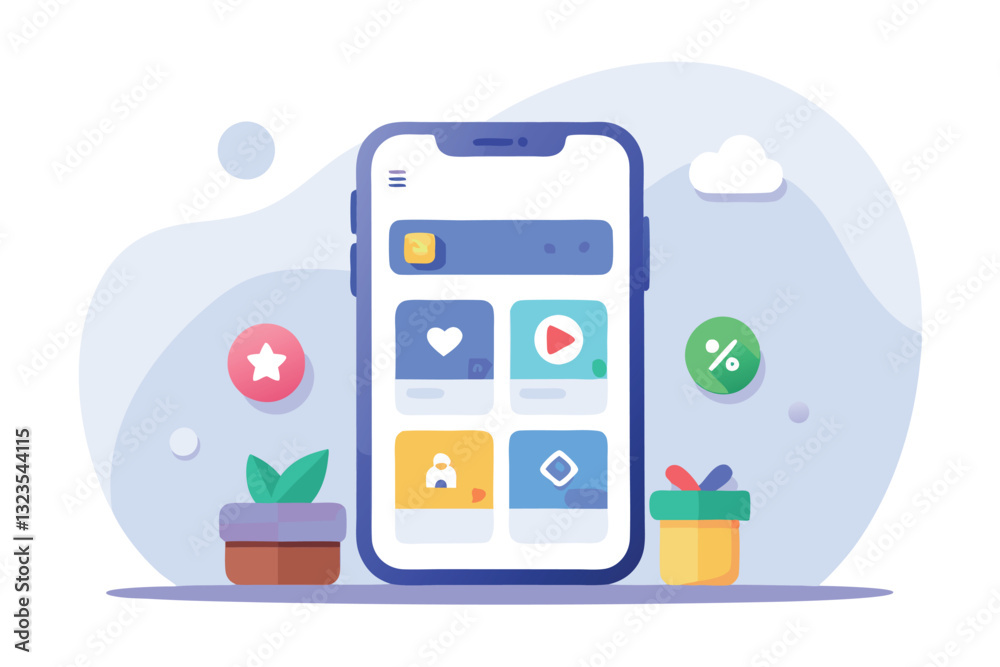 Aufkleber Colorful vector illustration of a smartphone displaying an app interface with decorative plants and gift boxes around